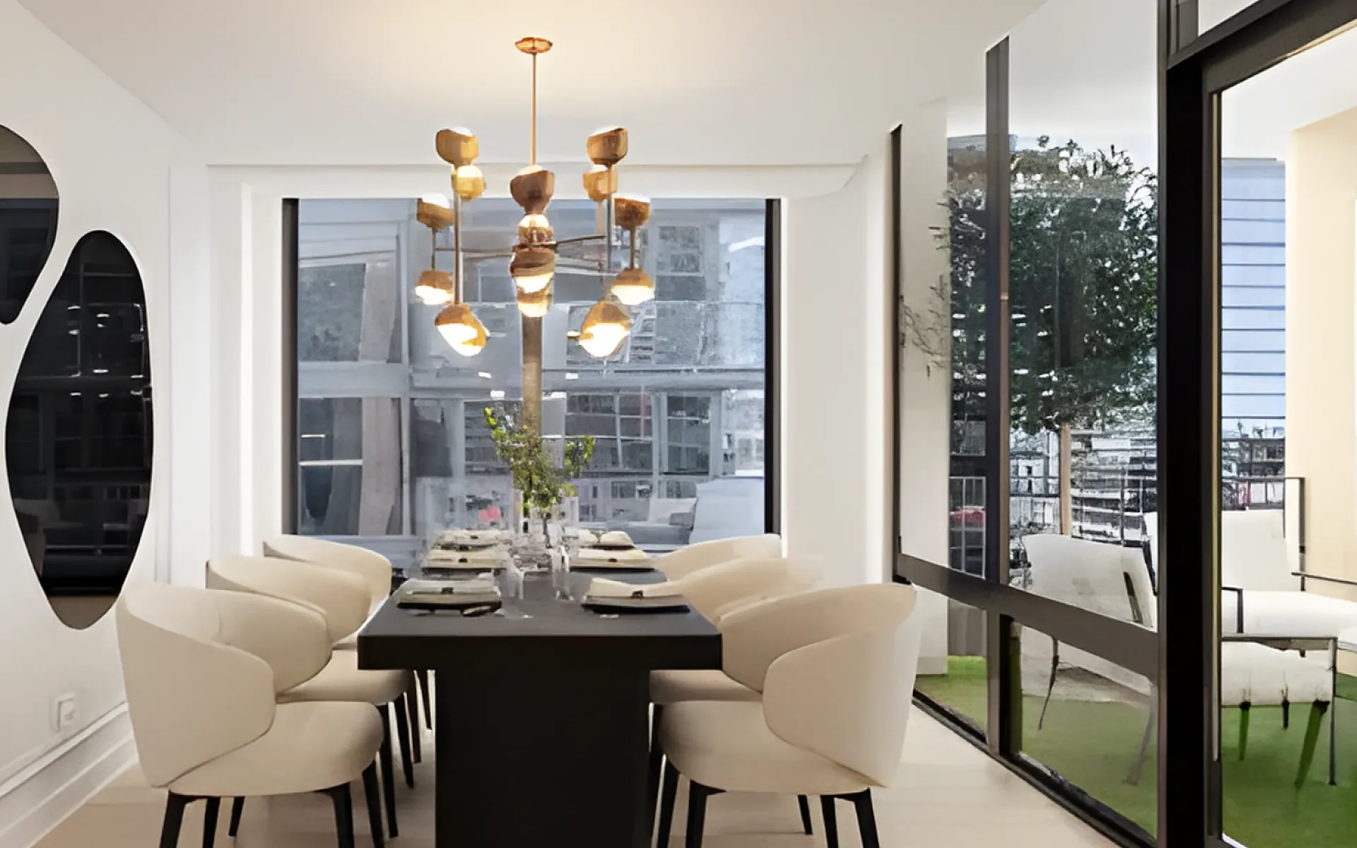 Elegant dining area with chic white chairs, a modern black table, and luxurious pendant lighting, adjacent to a sunlit patio with stylish outdoor seating.
