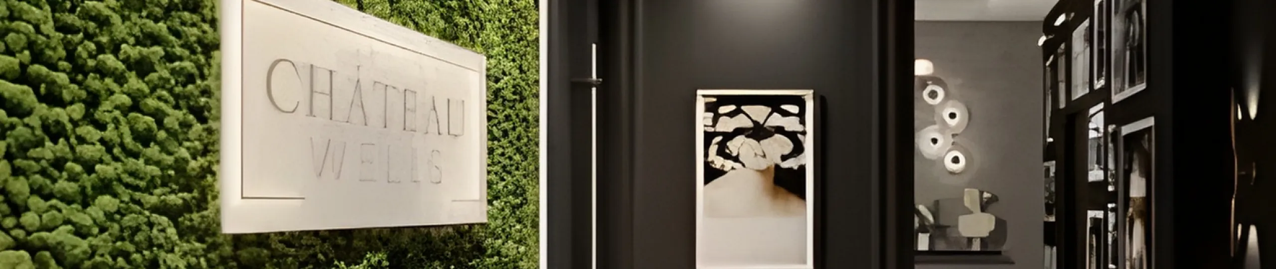 Elegant lobby at Chateau Wells featuring a lush green wall, modern art, and sophisticated lighting.
