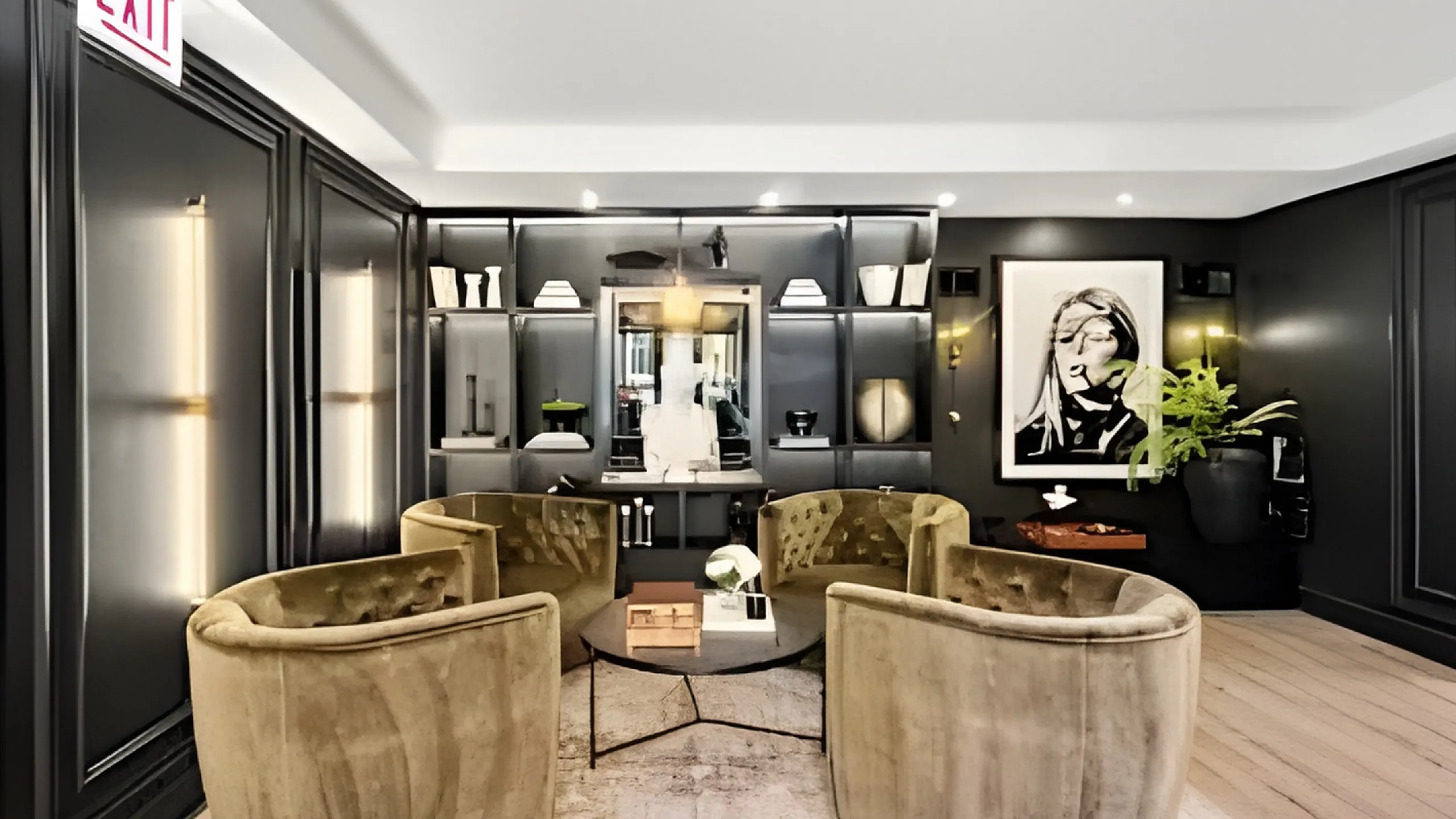 Sophisticated lounge area with plush velvet chairs, modern artwork, and elegant shelving displaying stylish decor accents.