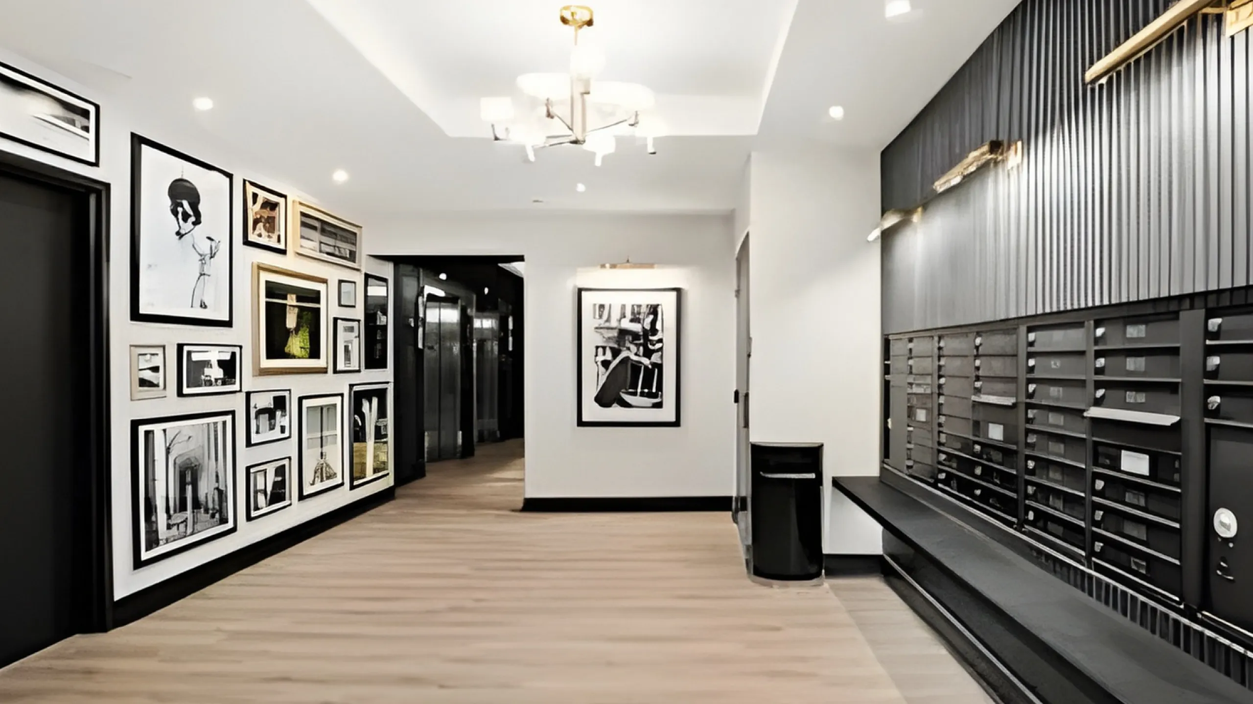 Chic apartment lobby featuring a sleek black mail center, modern chandelier, and an art-filled gallery wall, exuding stylish elegance.
