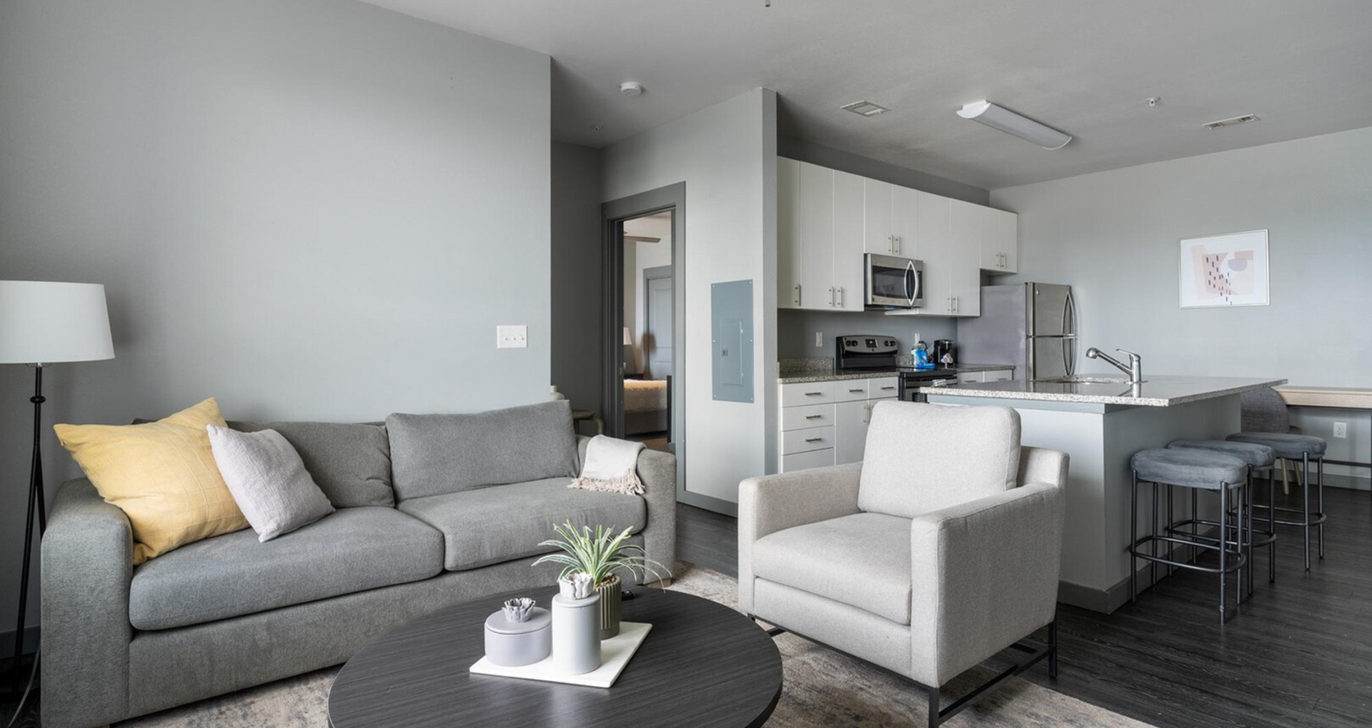 Contemporary open-plan living area with cozy grey couches and modern kitchen featuring sleek stainless-steel appliances and a stylish breakfast bar.