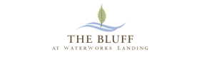 Elegant logo for The Bluff at Waterworks Landing, featuring a green leaf and dynamic blue wave design.