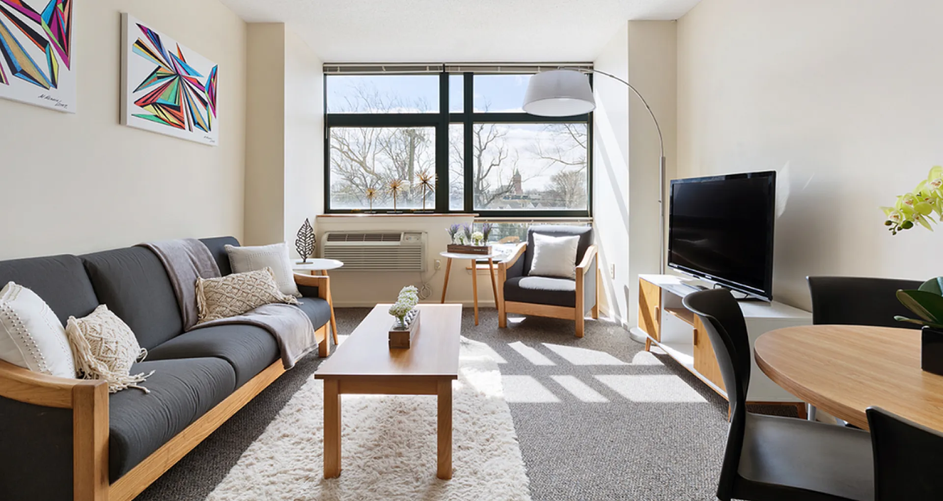 Bright and modern living room with large windows, stylish decor, cozy gray sofa, and a sleek flat-screen TV, perfect for comfortable living.