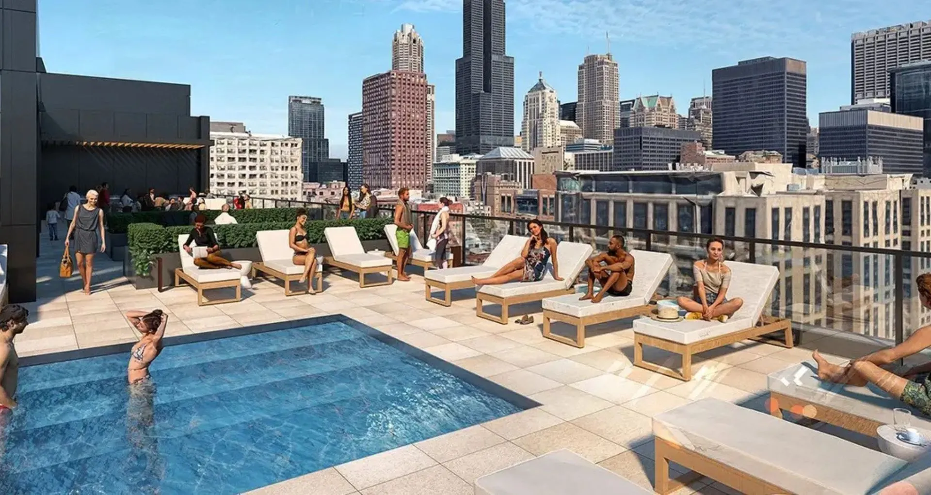 Luxurious rooftop pool with scenic city skyline views, featuring stylish lounge chairs and vibrant social atmosphere.