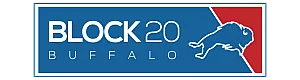 Modern logo for Block 20 Buffalo featuring bold white text and a dynamic buffalo silhouette on a blue and red background.