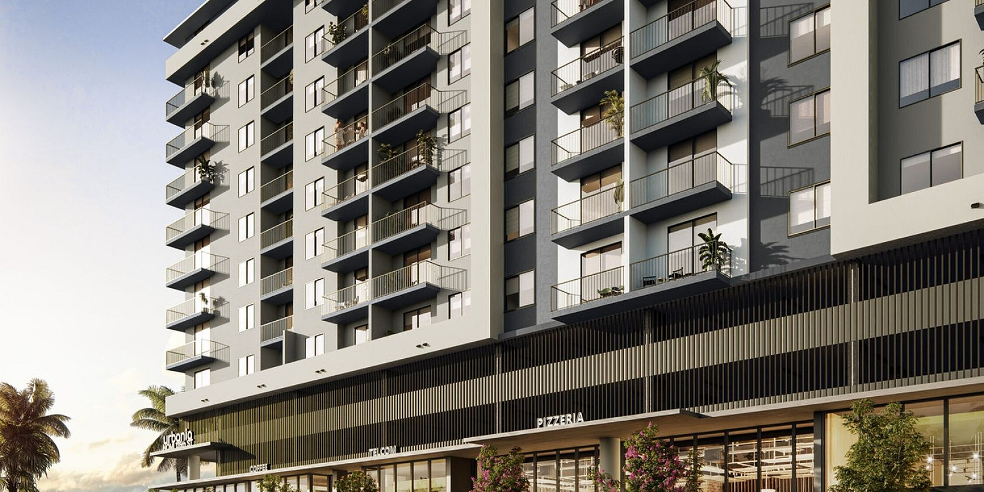 Modern high-rise apartment building with sleek balconies and convenient ground-floor retail spaces, surrounded by lush greenery and palm trees.