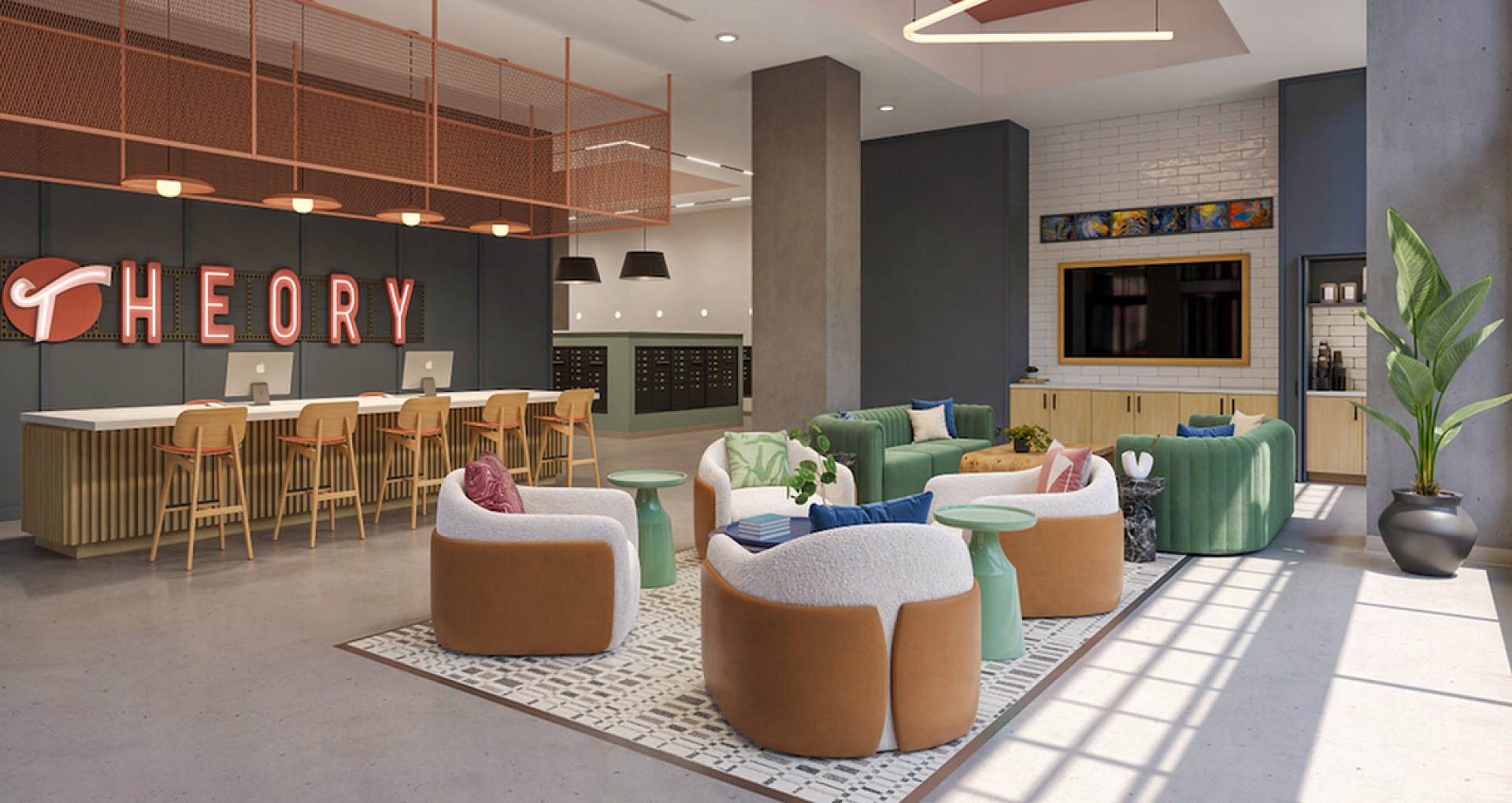 Contemporary and inviting lounge area with modern seating, vibrant decor, and ample natural light, ideal for relaxation and social gatherings.