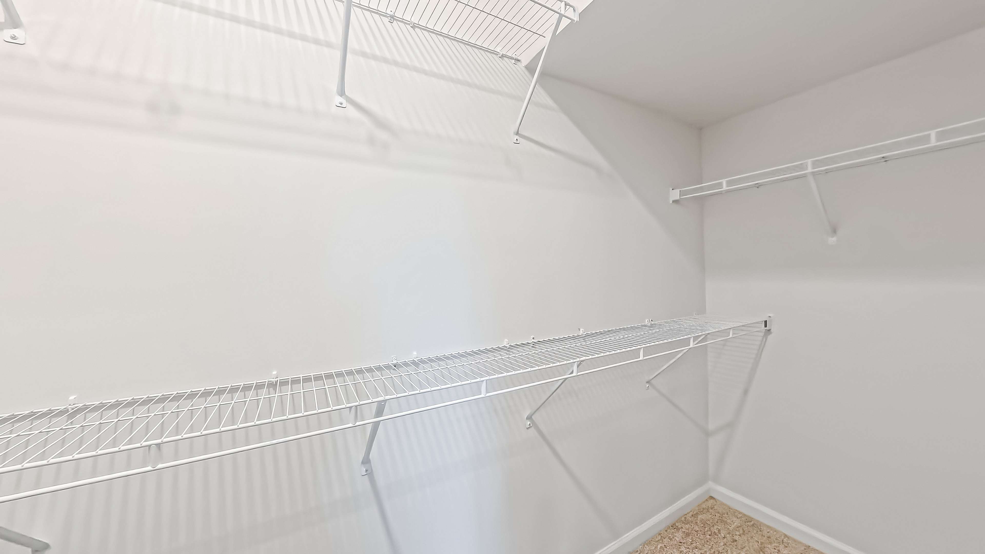 Bright, spacious closet featuring sleek white wire shelving for optimal storage solutions.