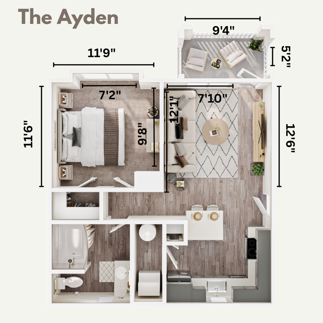 The Ayden floor plan showcasing a cozy 1-bedroom apartment with a modern kitchen, stylish living area, and private balcony.