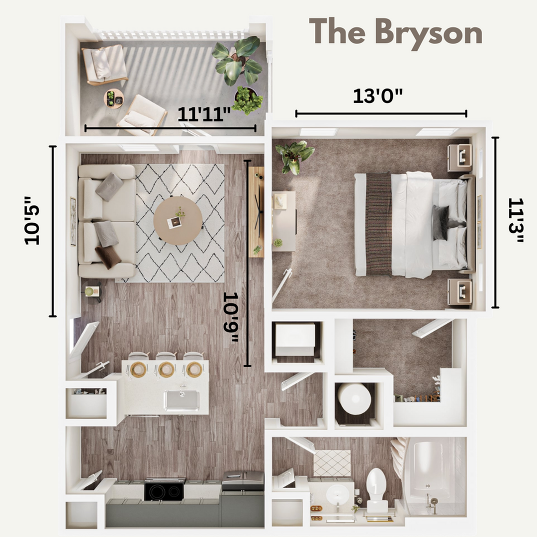Modern floor plan of 'The Bryson' featuring a spacious 1-bedroom layout with cozy living room, elegant kitchen, and inviting balcony. Ideal for stylish living.