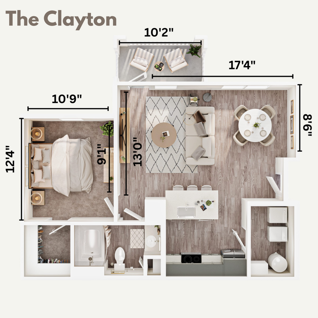 The Clayton floor plan showcasing a modern one-bedroom apartment with an open-concept living and dining area, stylish kitchen, and cozy balcony.