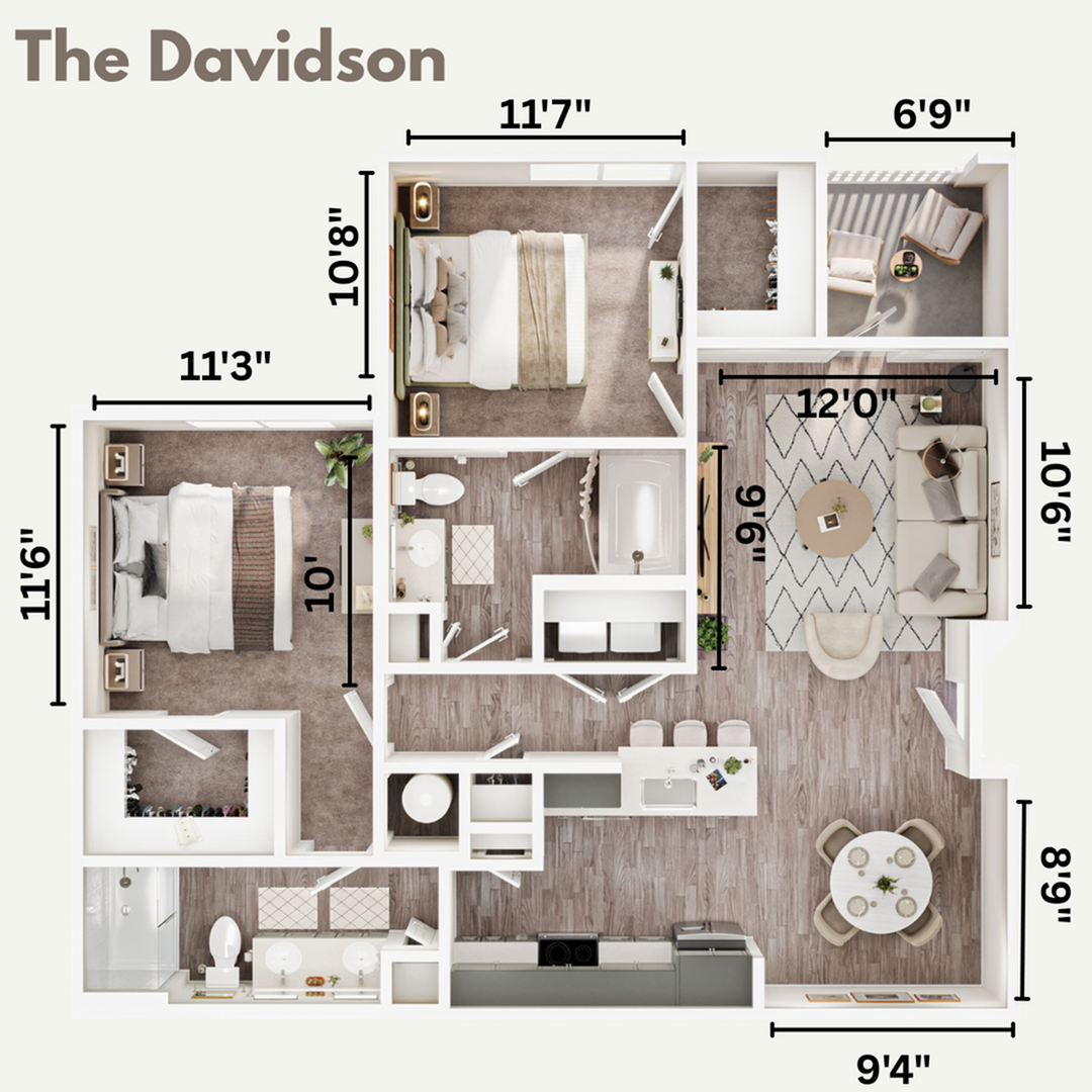 Inviting floor plan of The Davidson apartment featuring 2 spacious bedrooms, a modern open kitchen, and a cozy living room with balcony access.