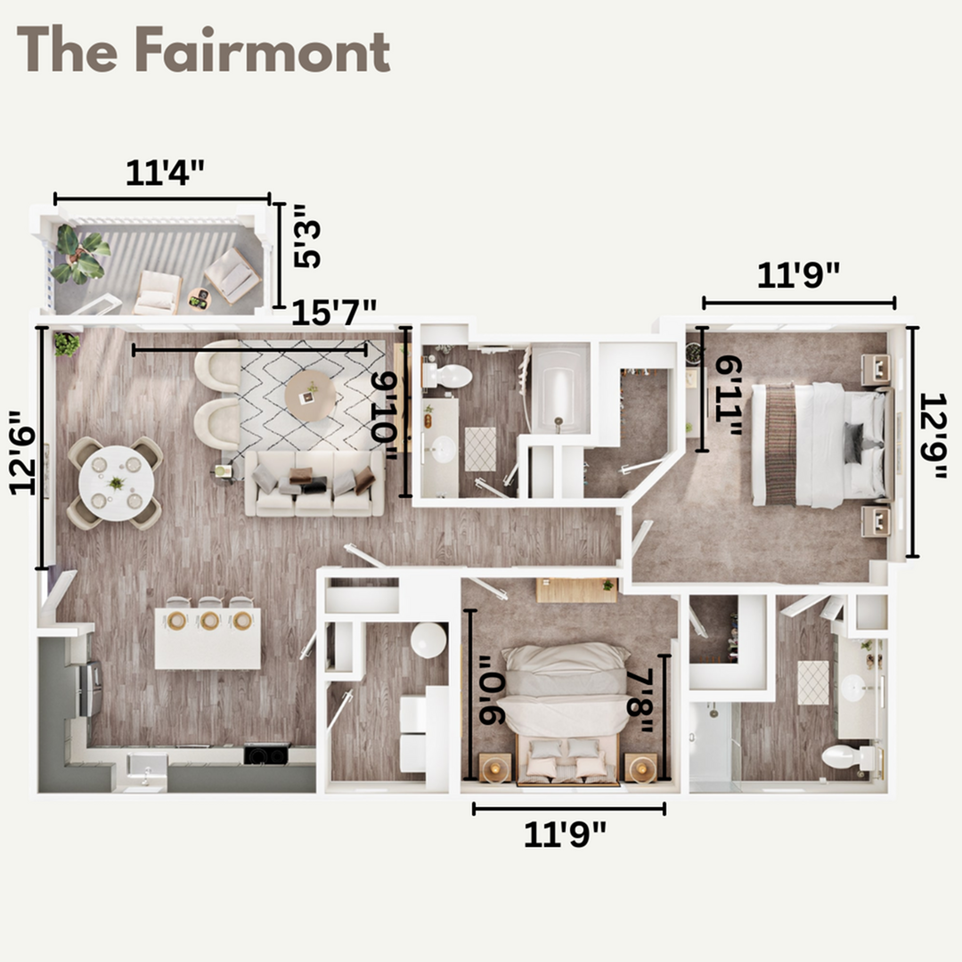 Chic Fairmont floor plan featuring spacious 2 bedrooms, modern kitchen, open living and dining area, and a cozy balcony.