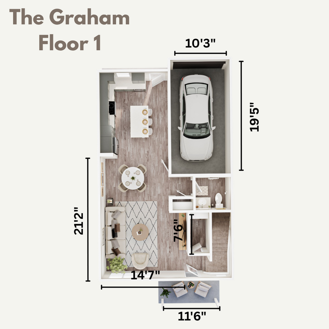 The Graham Floor 1 plan showcasing a modern open-concept layout with spacious living and dining areas, stylish kitchen, and an attached garage.