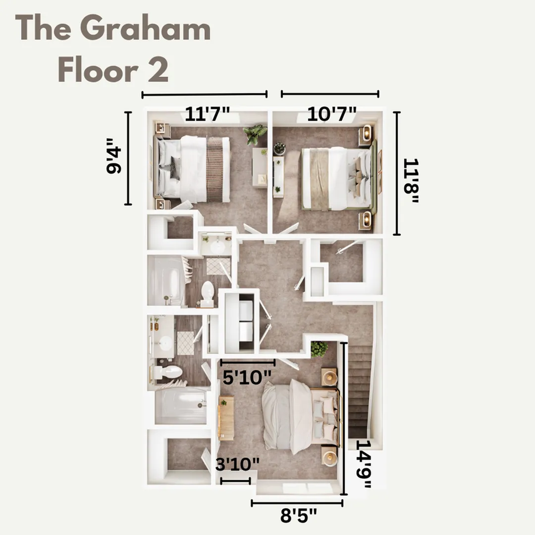 The Graham Floor 2 offers a modern 3-bedroom design featuring two bathrooms, a spacious living area, and a cozy kitchen layout.