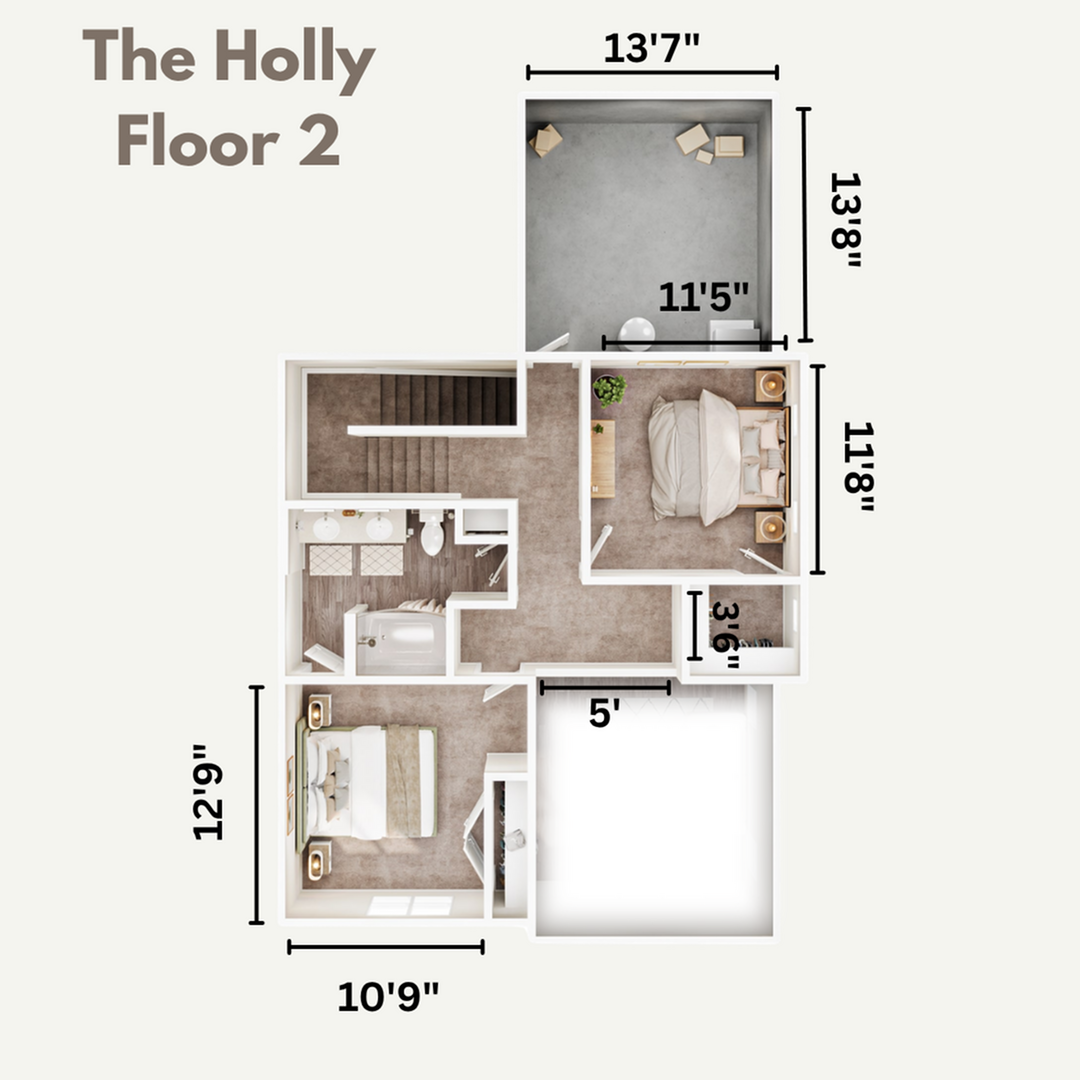 Charming 2D floor plan of 'The Holly' showcasing two elegant bedrooms, a modern bathroom, and ample storage space on Floor 2.