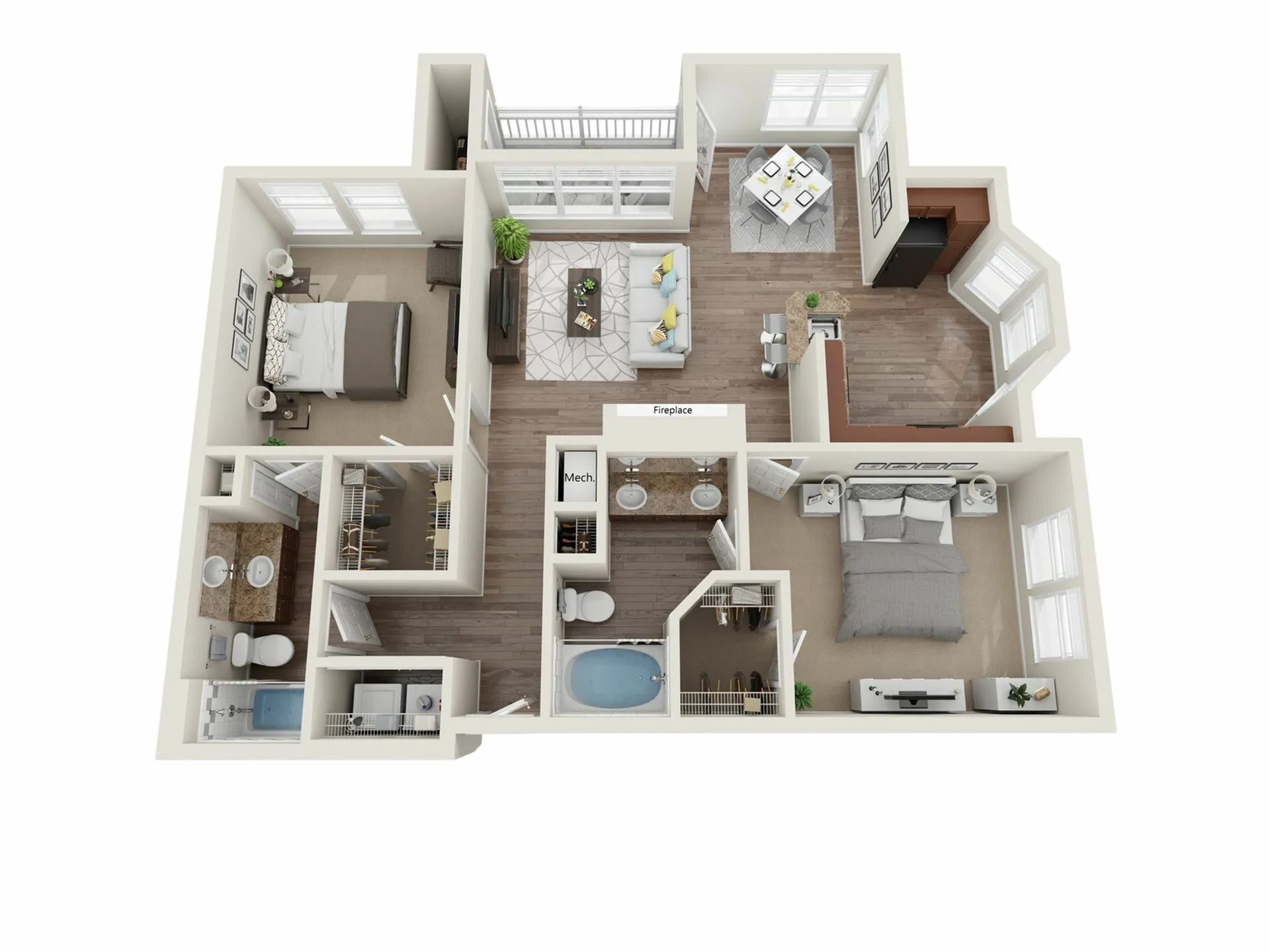 Elegant 3D floor plan showcasing a spacious 2-bedroom apartment with a cozy living area, modern kitchen, and two stylish bathrooms.