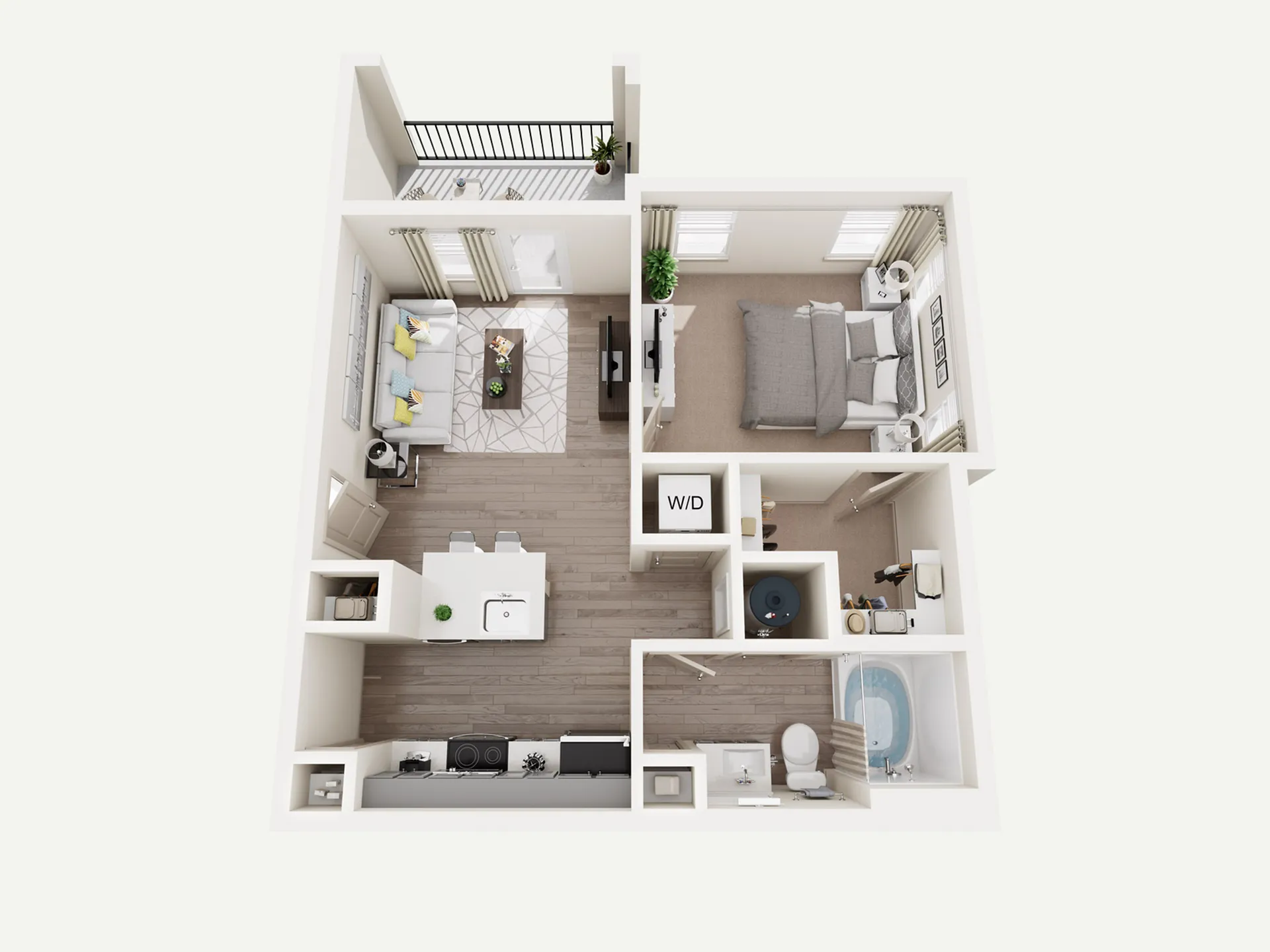 3D floor plan featuring an open living and kitchen area, bedroom, modern bathroom, and balcony view.