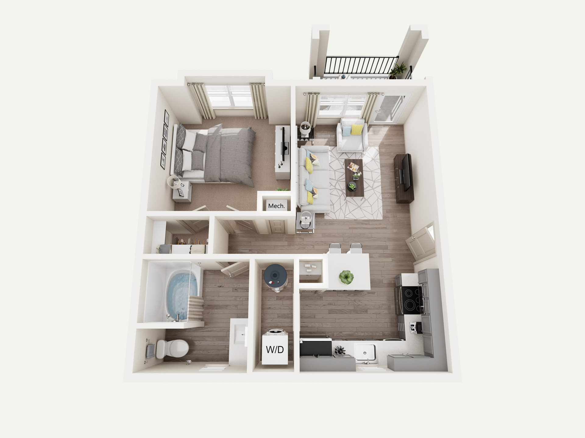 3D floor plan highlighting a stylish one-bedroom apartment with open living space and modern kitchen.