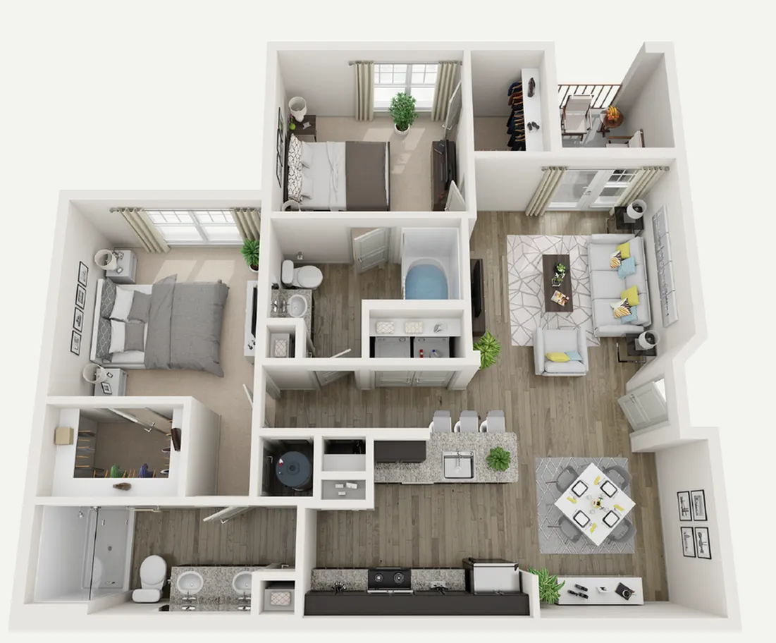 Stylish 3D floor plan with two bedrooms, a cozy living area, modern kitchen, and a balcony.