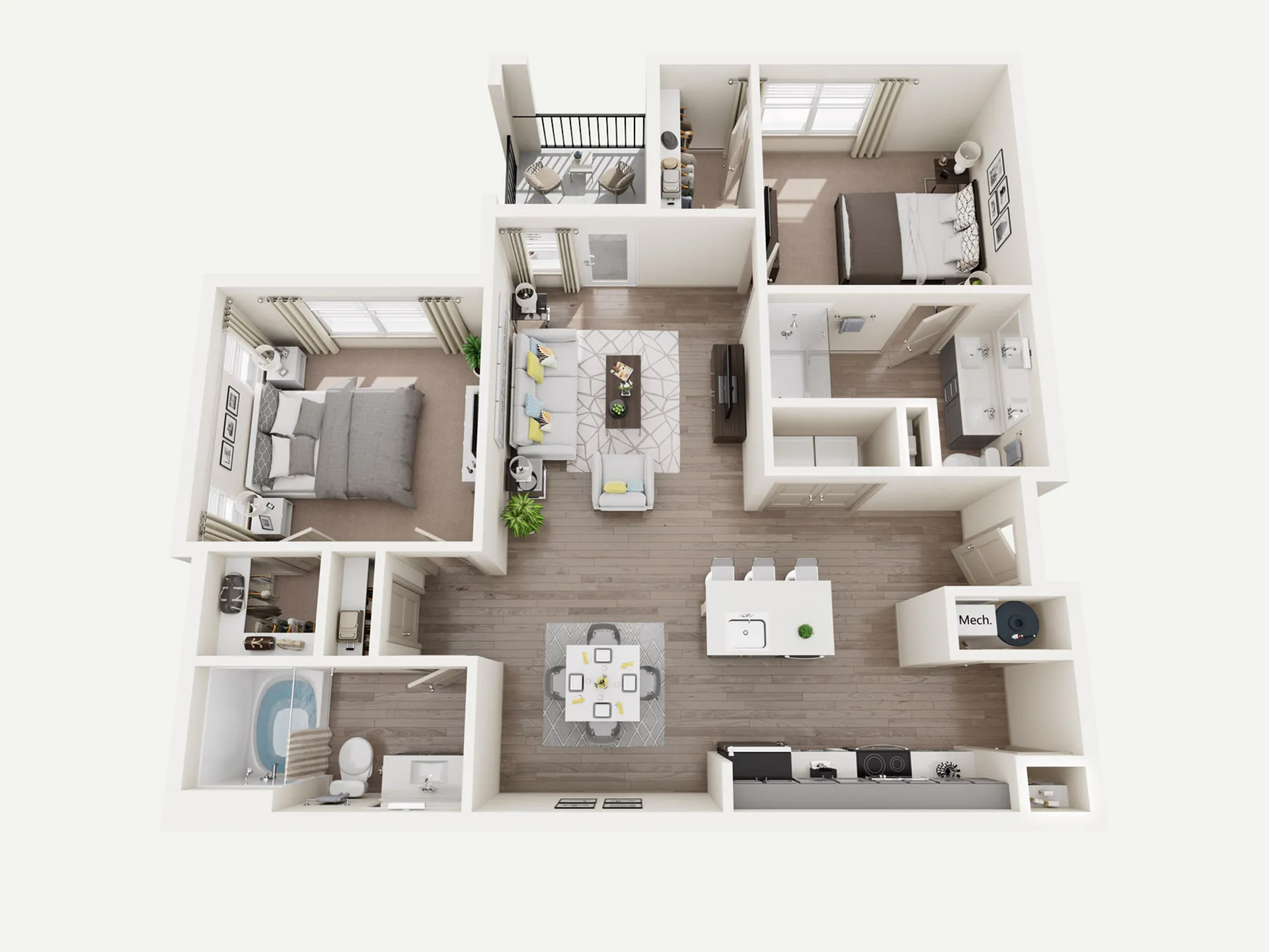 Stylish apartment layout with two bedrooms, a modern kitchen, and an inviting living area.