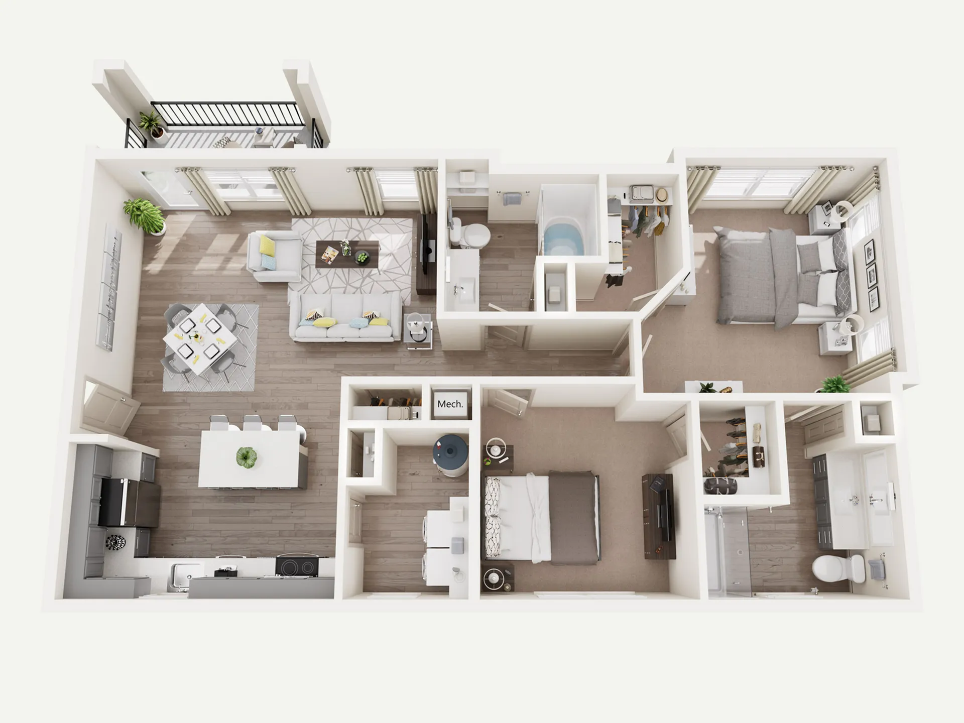 3D floor plan showcasing 2 bedrooms, open living room, modern kitchen, and balcony.