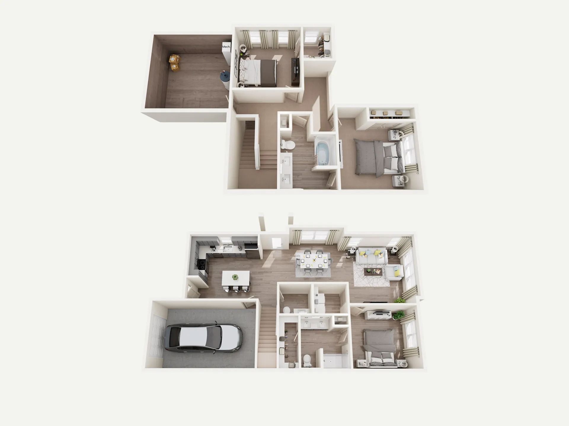 Innovative townhome floor plan with 3 bedrooms, open living area, modern kitchen, and a private garage.