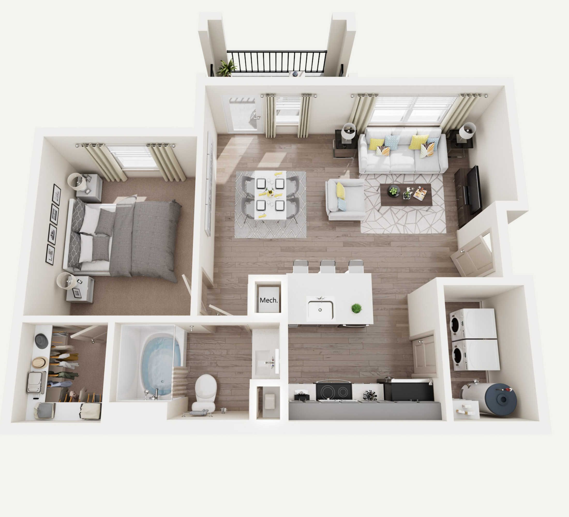Elegant 3D floor plan showcasing a spacious 1-bedroom apartment with open living area and modern amenities.