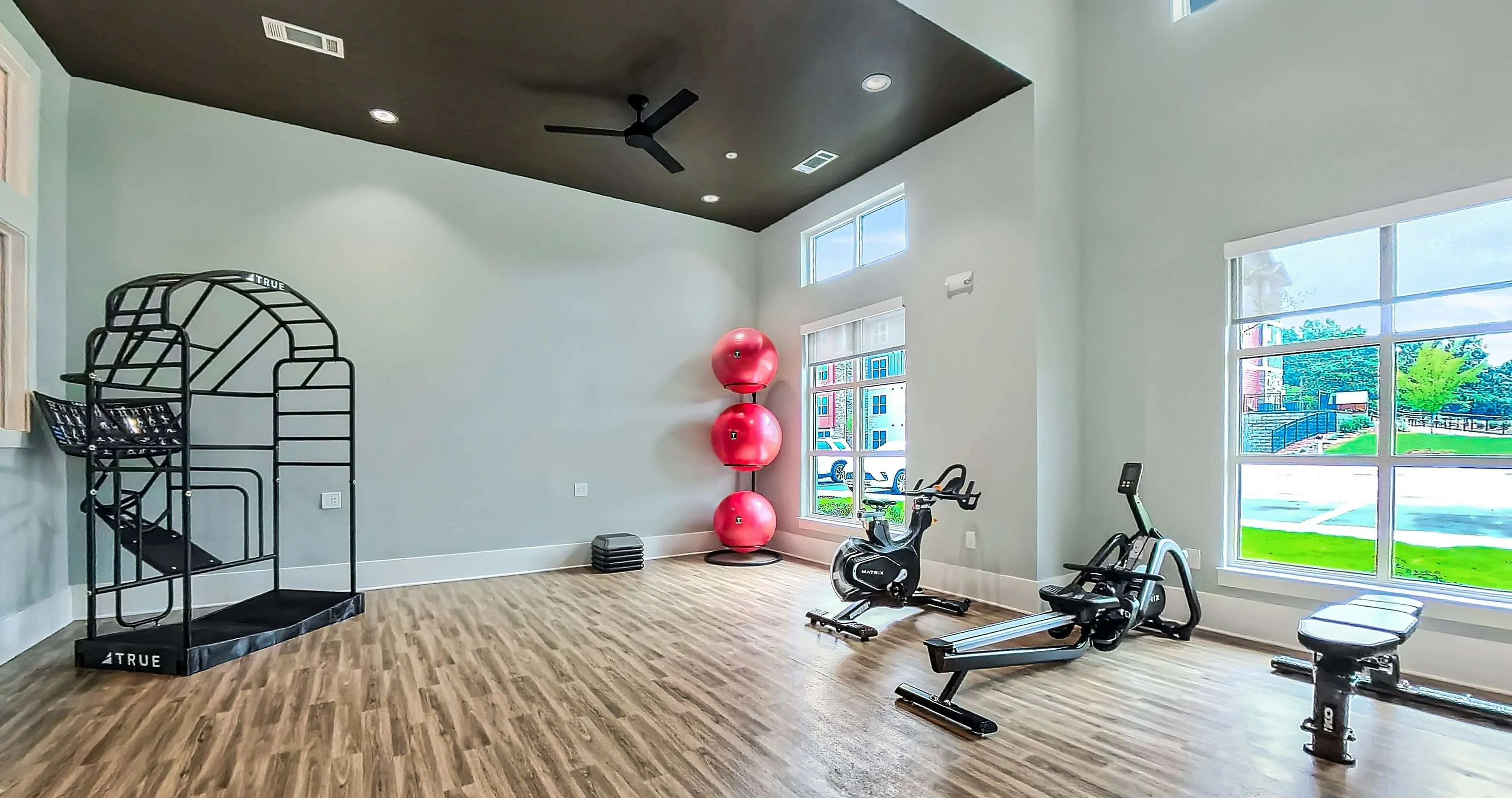 Yoga Room featuring a stretch machine, spin bike, row machine and variety of balance balls, slam balls and kettle bells.