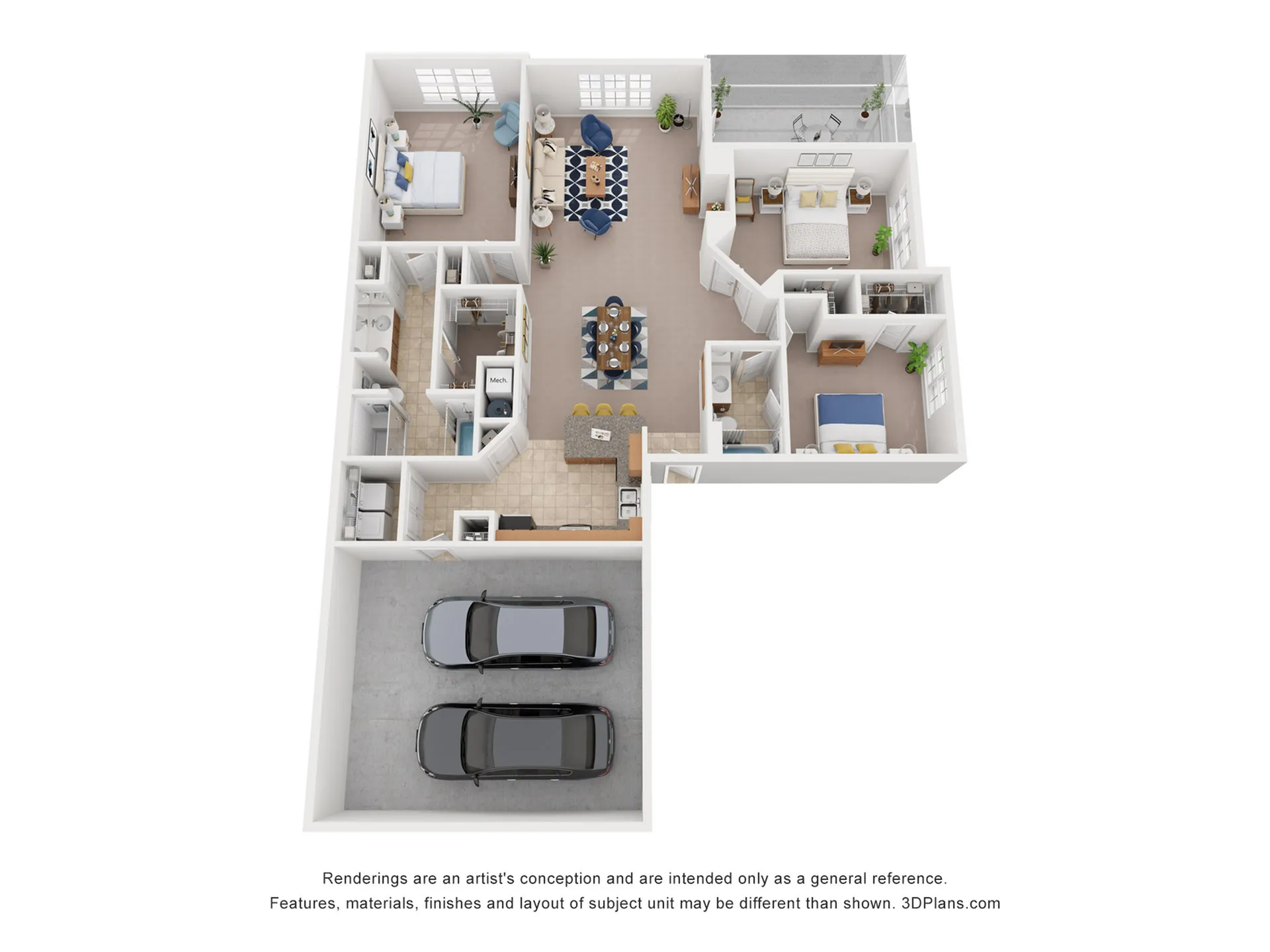 Modern 3D floor plan showcasing 3 bedrooms, an open living area, gourmet kitchen, and a two-car garage.