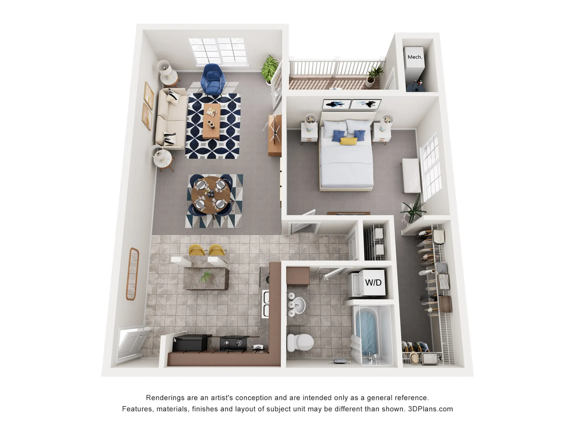 Modern 3D apartment layout showcasing a cozy bedroom, stylish living area, sleek kitchen, and a relaxing patio.