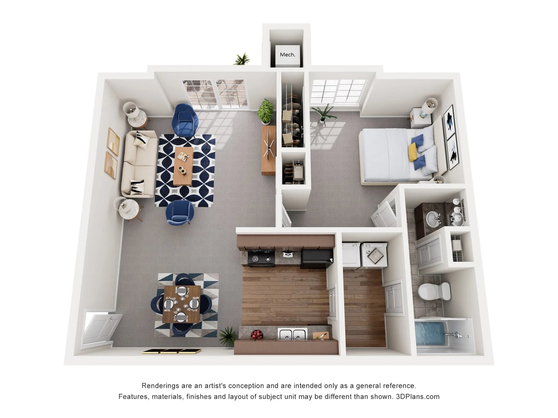 Inviting 3D floor plan showcasing a cozy 1-bedroom apartment with an open living and dining area, modern kitchen, and elegant bathroom.