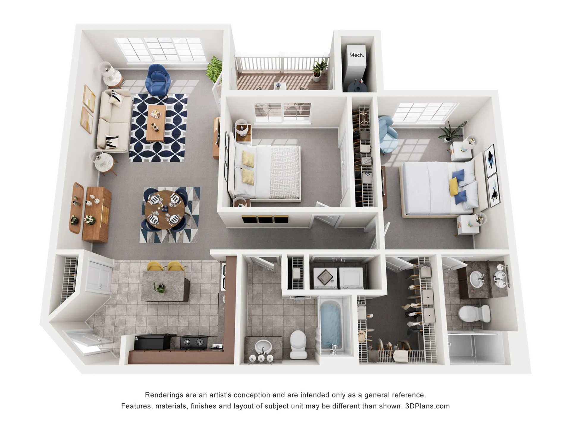 Modern 3D floor plan featuring 2 bedrooms, expansive living room, dining area, and a contemporary kitchen, ideal for stylish living.
