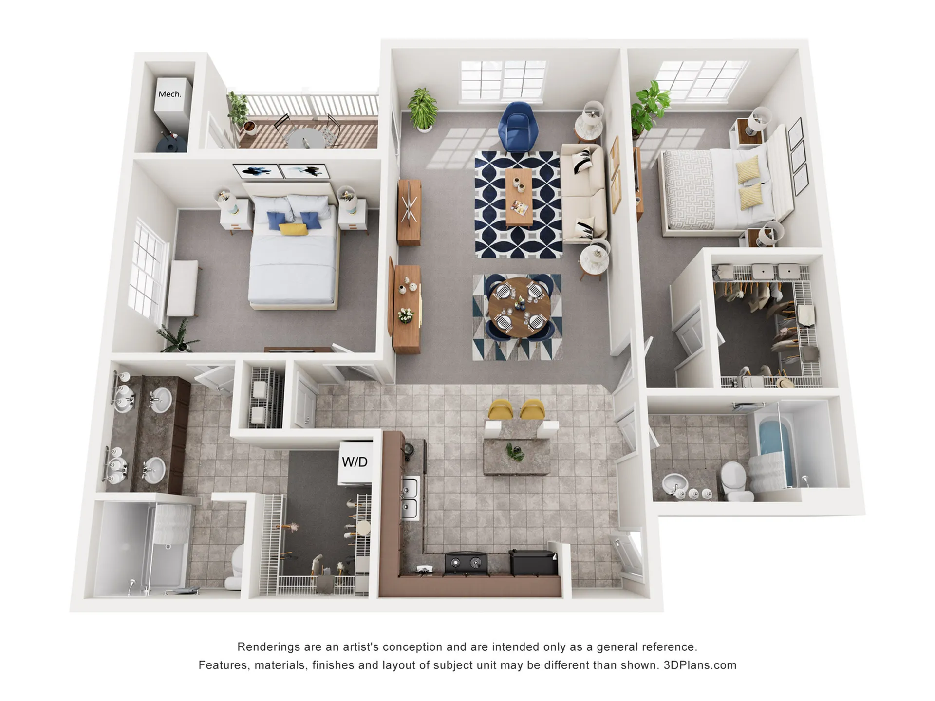 Spacious 3D floor plan with two bedrooms, cozy living room, modern kitchen, and private balcony. Includes two bathrooms and elegant dining area.