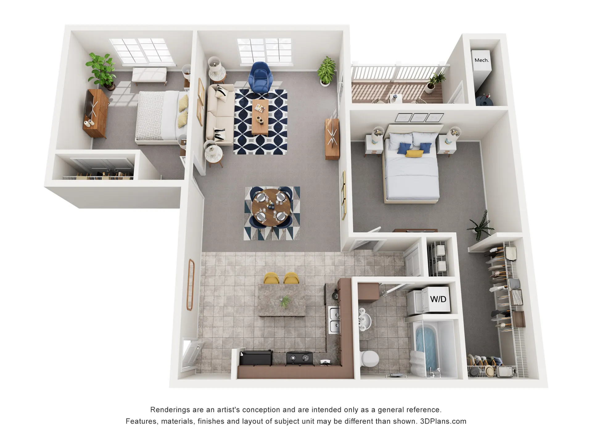 Modern 3D floor plan showcasing 2 cozy bedrooms, stylish open-concept living and dining area, and a sleek kitchen with breakfast bar. Includes a compact bathroom, convenient laundry space, and balcony access.