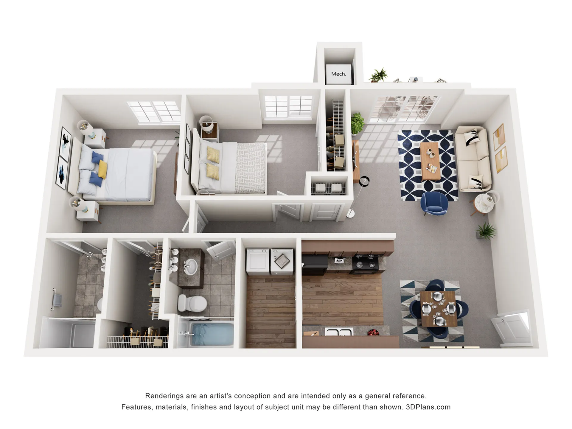 Bright and modern 3D floor plan featuring two spacious bedrooms, a cozy living area, sleek kitchen, and stylish dining space.