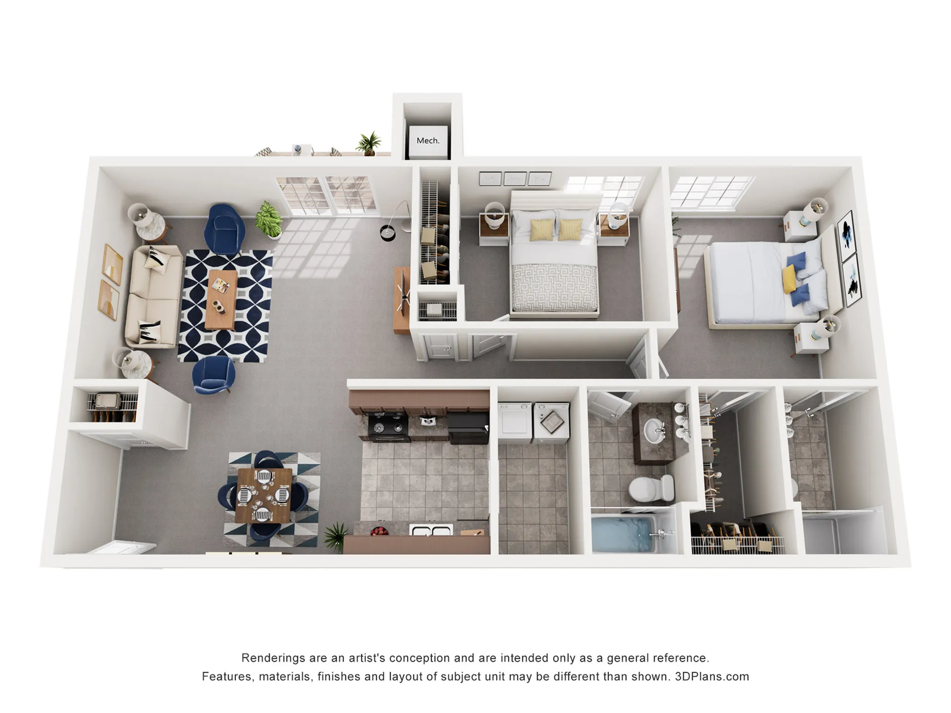 Chic and modern 3D floor plan featuring 2 bedrooms, open-concept living area, stylish kitchen with dining space, and serene bathroom layout.