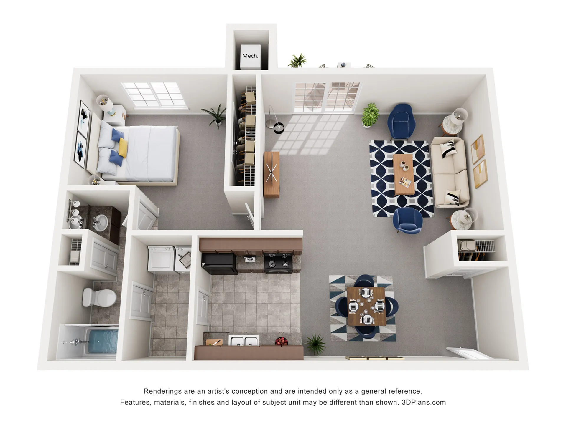 Chic 3D apartment layout with 1 bedroom, elegant living room, modern kitchen, and dining area, perfect for stylish urban living.