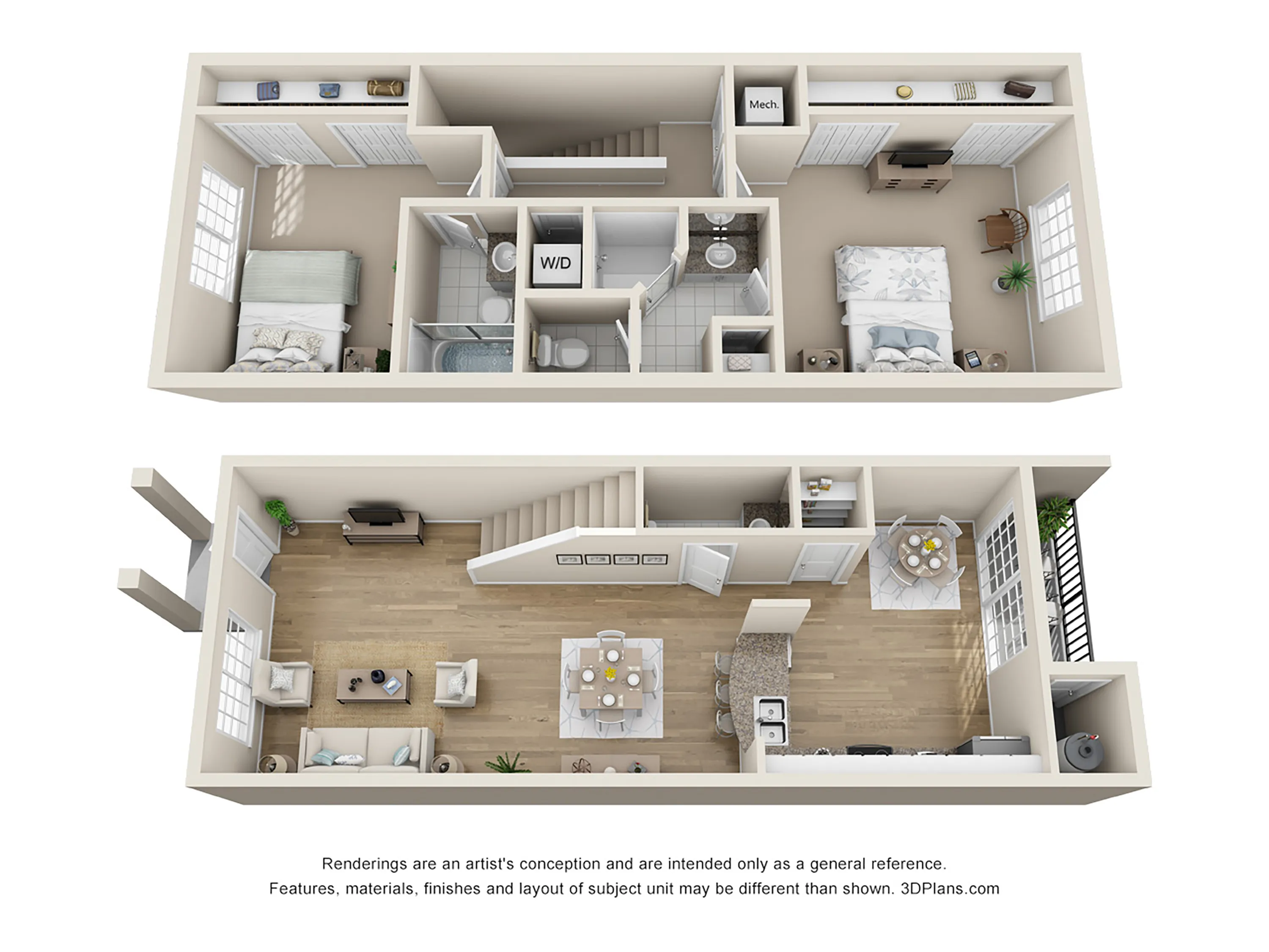 Modern floor plan with 2 bedrooms, open living and dining area, and sleek kitchen in a two-story layout.