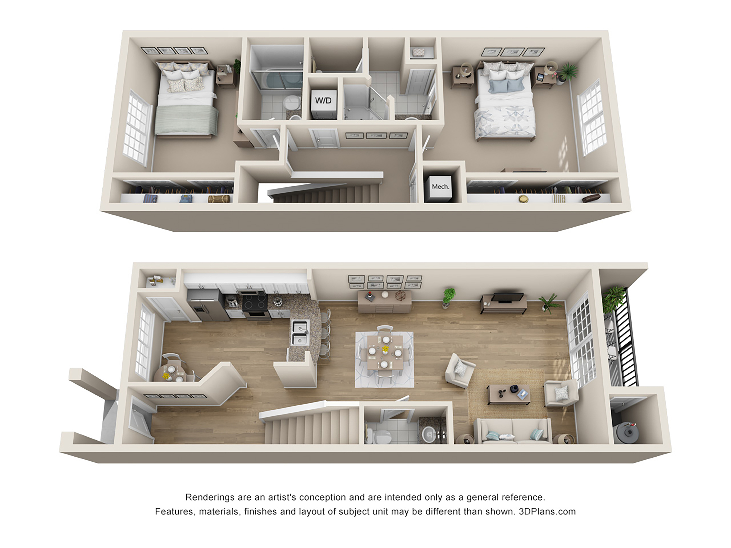 Modern 2-story floor plan showcasing 2 bedrooms, an open-concept kitchen, dining area, and a spacious living room with balcony access.