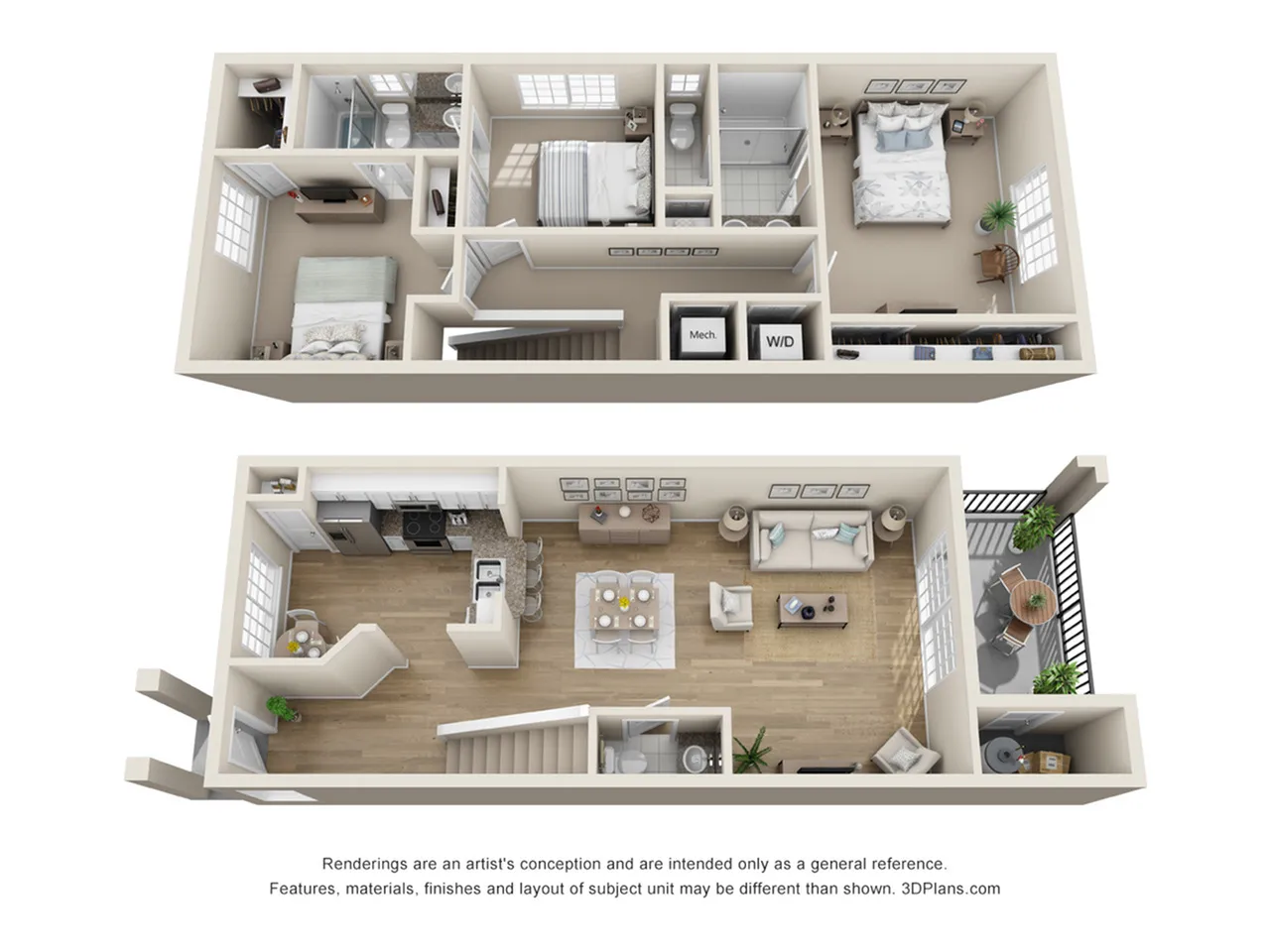 Elegant 3D floor plan showcasing a modern two-level apartment with two bedrooms, spacious living room, open kitchen, and cozy balcony.