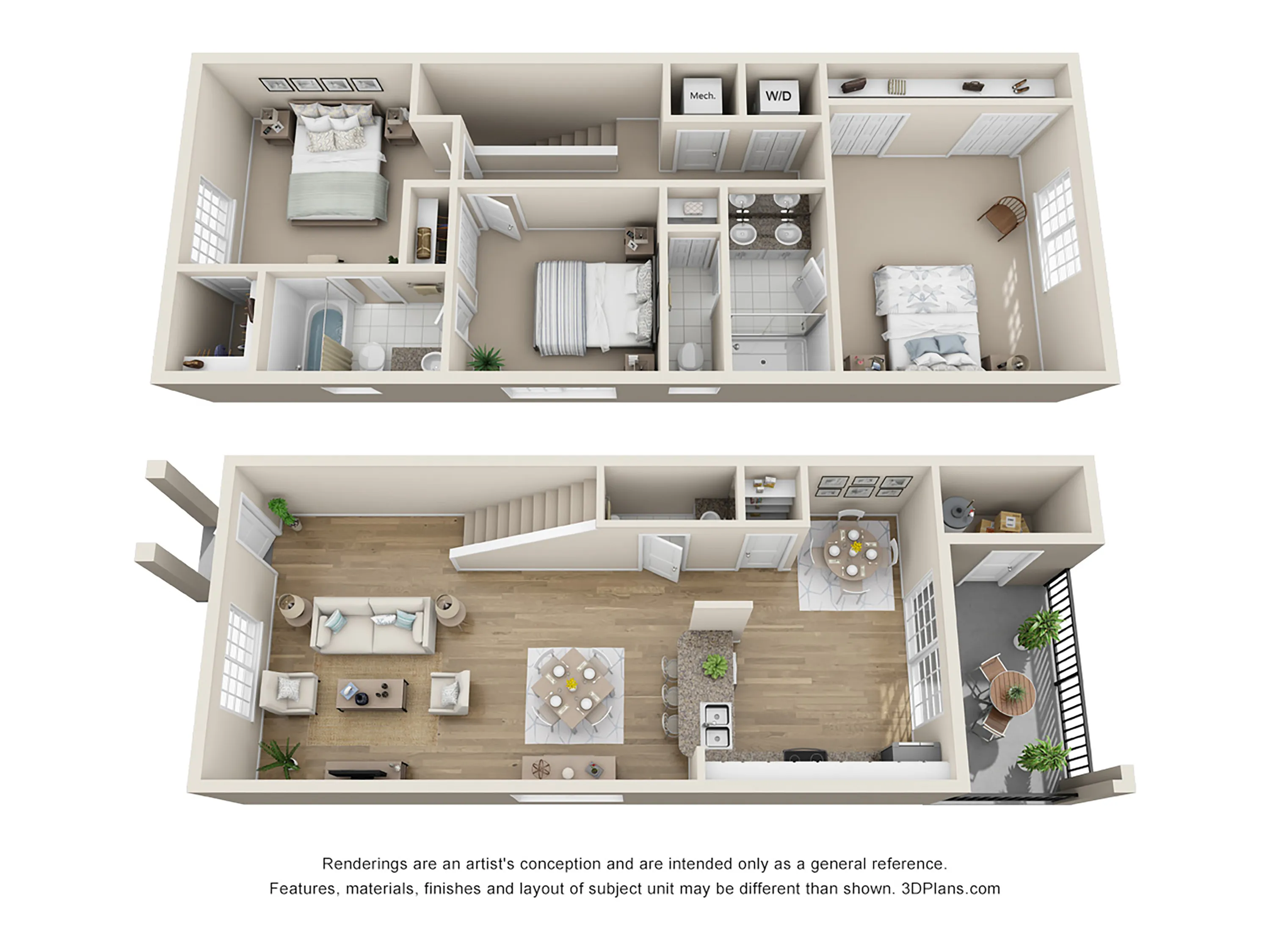 Charming 3D floor plan showcasing 2 bedrooms, modern kitchen, cozy living area, and private balcony, perfect for luxurious living.