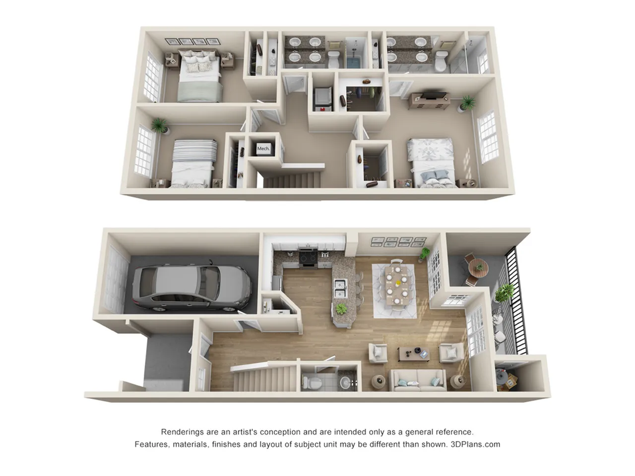 Charming 3D floor plan showcasing a modern two-story layout with 3 bedrooms, 2.5 bathrooms, an open-plan kitchen and living area, and an attached garage.