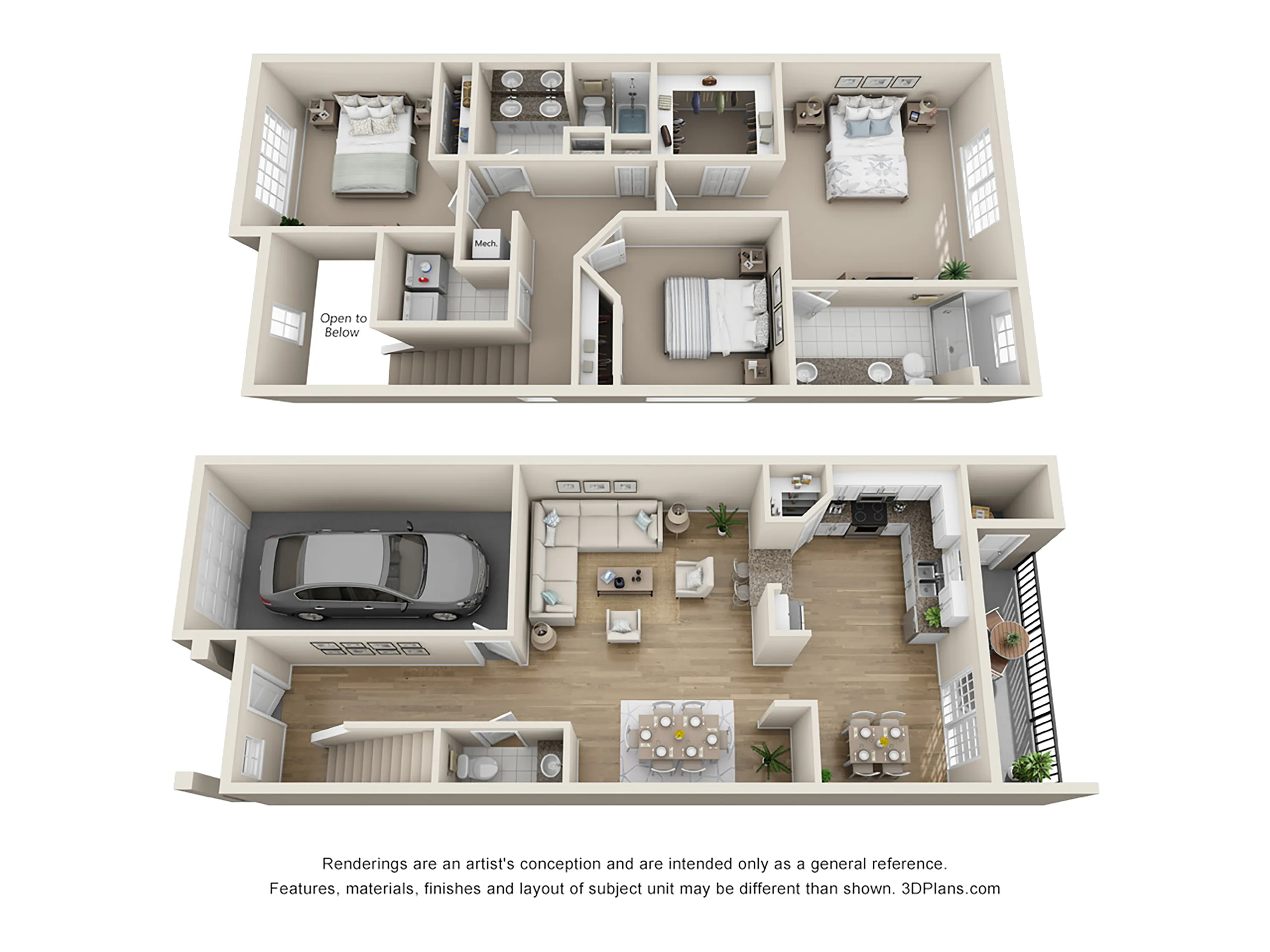 Modern two-level floor plan showcasing 3 bedrooms, spacious open-concept living area, stylish kitchen, and garage access. Perfect blend of comfort and style.