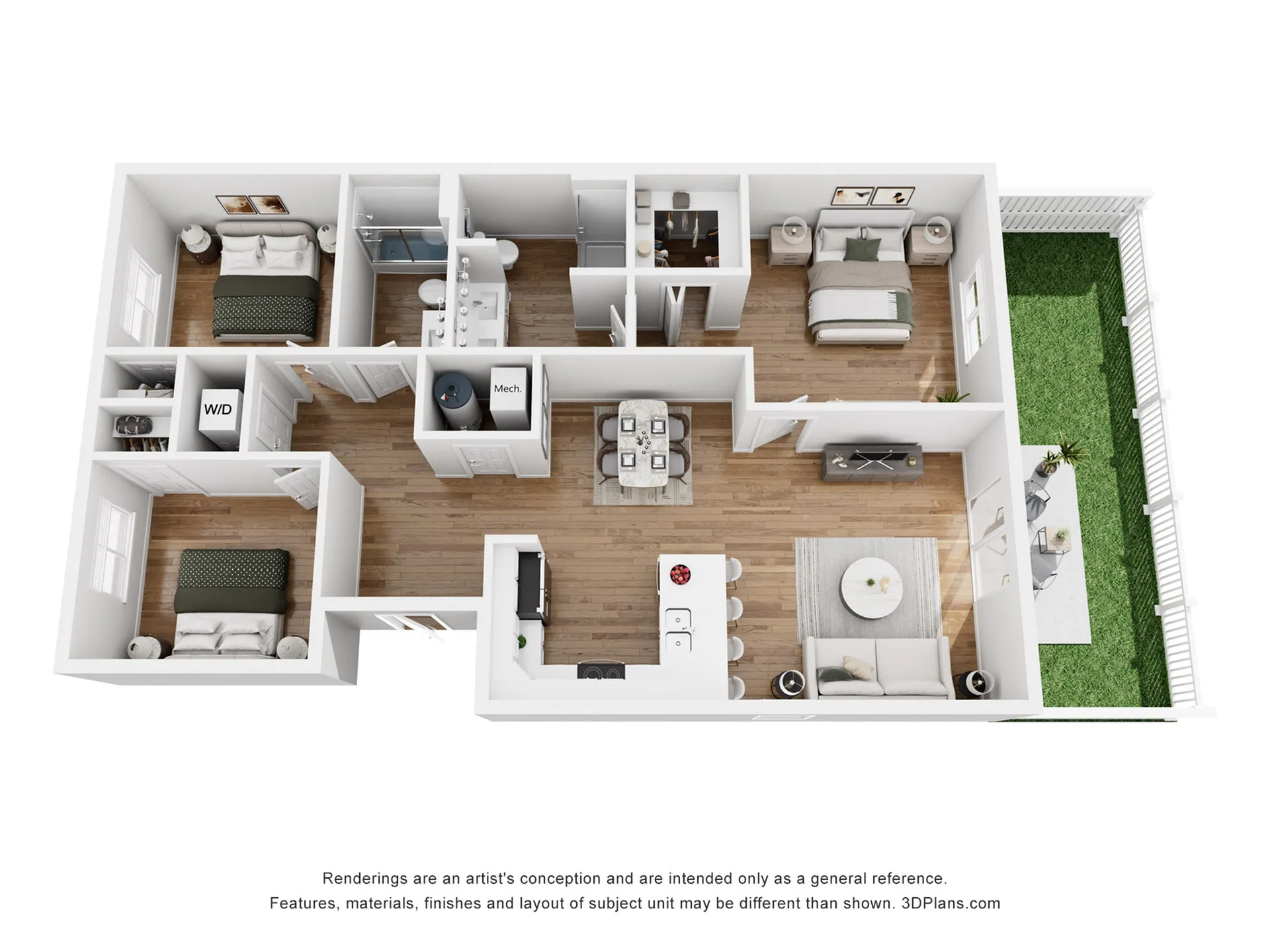 Modern 3D floor plan showcasing a spacious 3-bedroom apartment with open-concept living area, stylish kitchen, and private outdoor space.
