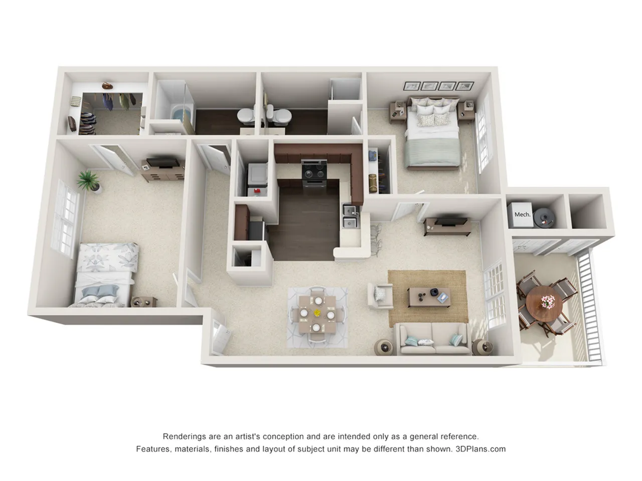 Modern 2D floor plan featuring 2 spacious bedrooms, open-concept living and dining area, well-equipped kitchen, and a cozy outdoor balcony.