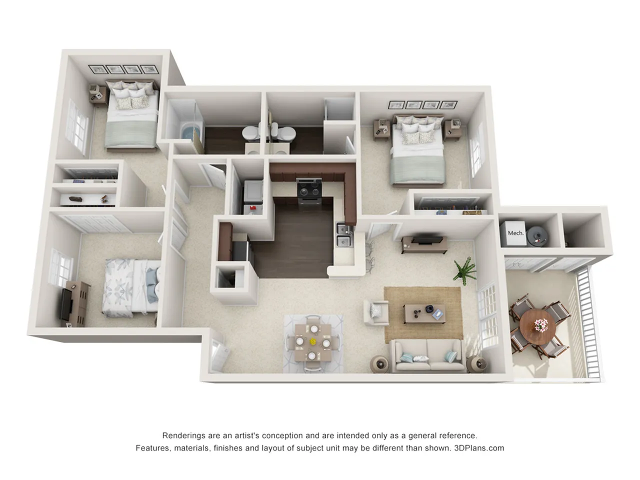 Modern 3D floor plan showcasing 3 bedrooms, open living and dining area, a sleek kitchen, and patio access.