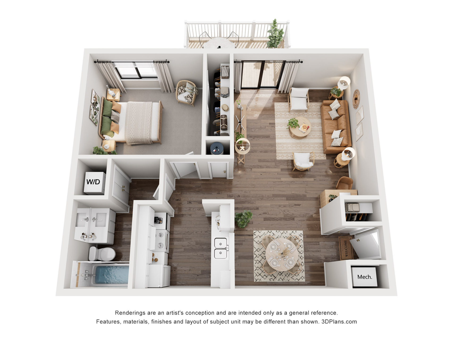 Modern and cozy 3D floor plan showcasing a spacious bedroom, open-concept living and dining area, fully equipped kitchen, and a private balcony. Includes a convenient in-unit washer and dryer.