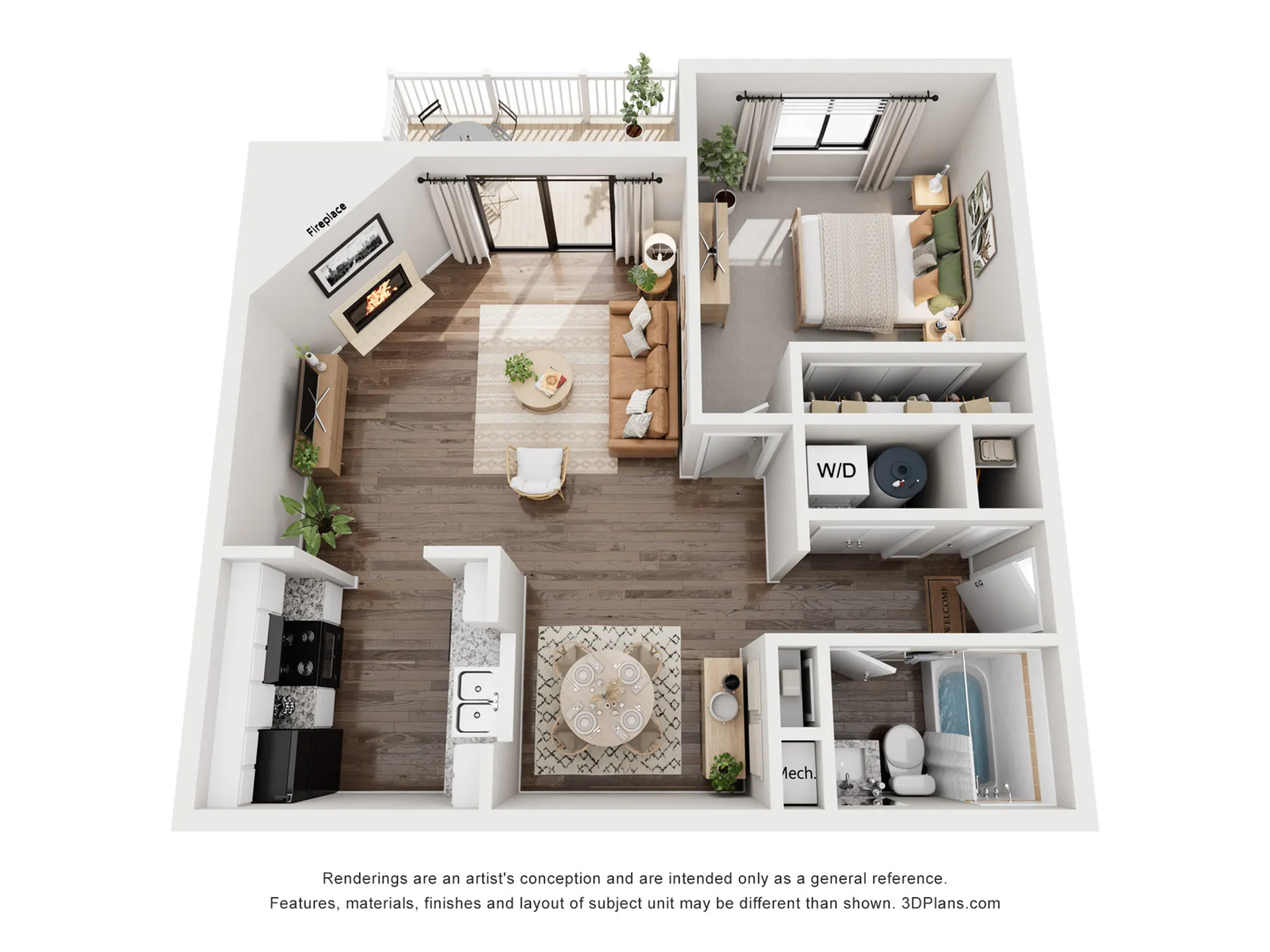 Chic 2D floor plan featuring a cozy bedroom, modern open-concept living area with fireplace, and a stylish kitchen. Includes a balcony, dining space, and in-unit washer/dryer.