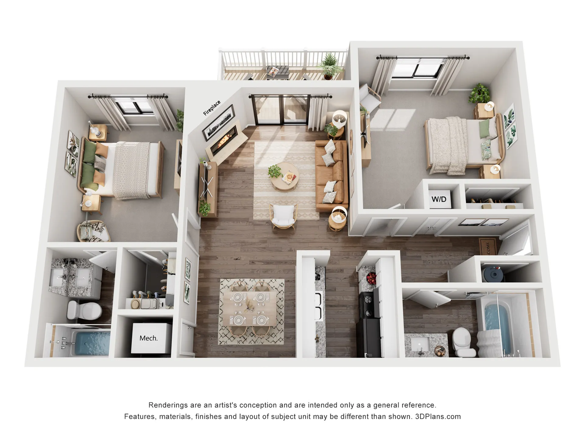 Modern 3D floor plan showcasing a cozy 2-bedroom apartment with a spacious living room, elegant dining area, and fully equipped kitchen. Includes two stylish bathrooms and a charming balcony, perfect for relaxation.